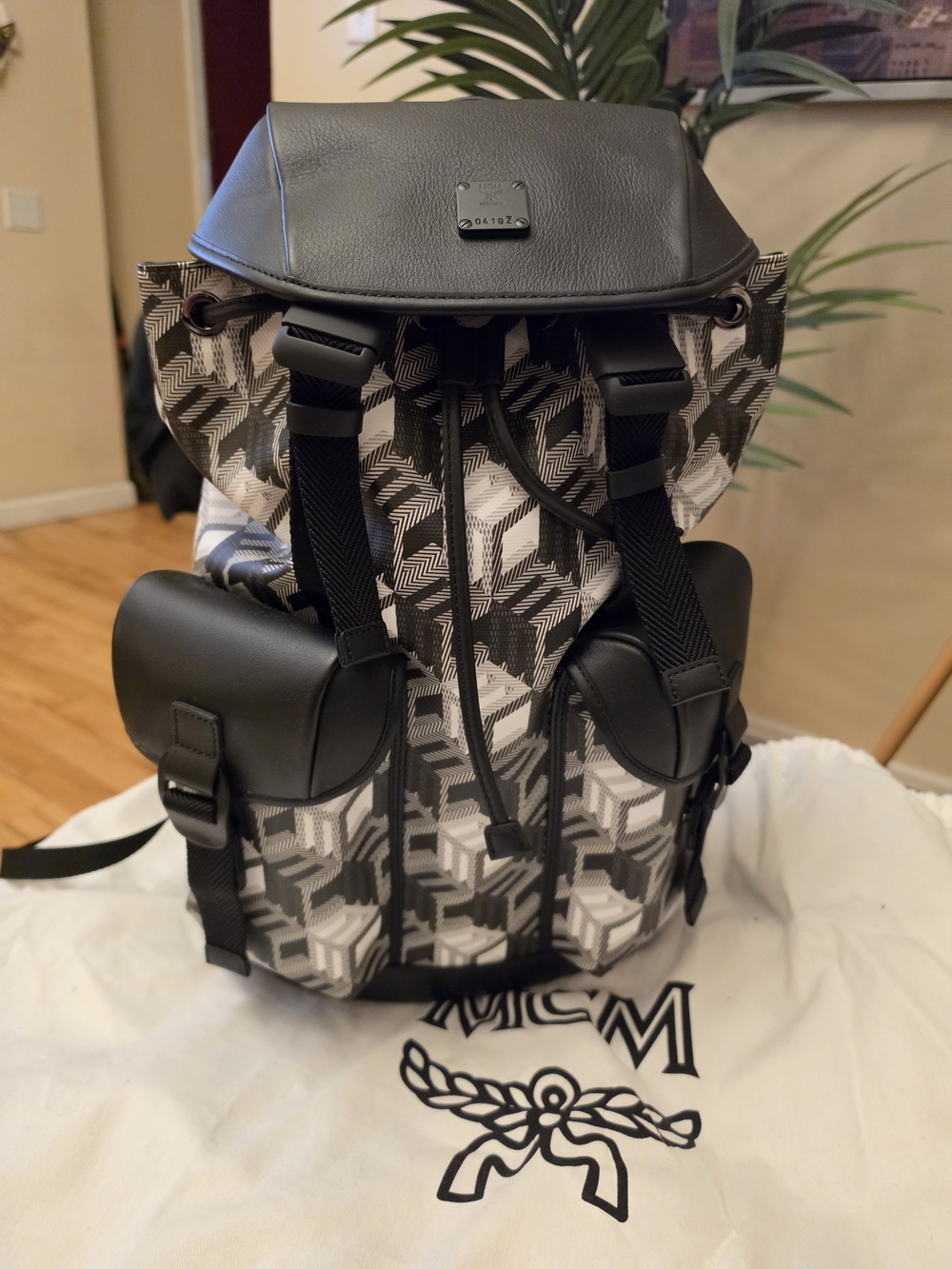 MCM Men's Black & White Geometric Canvas Backpack with Leather Trim